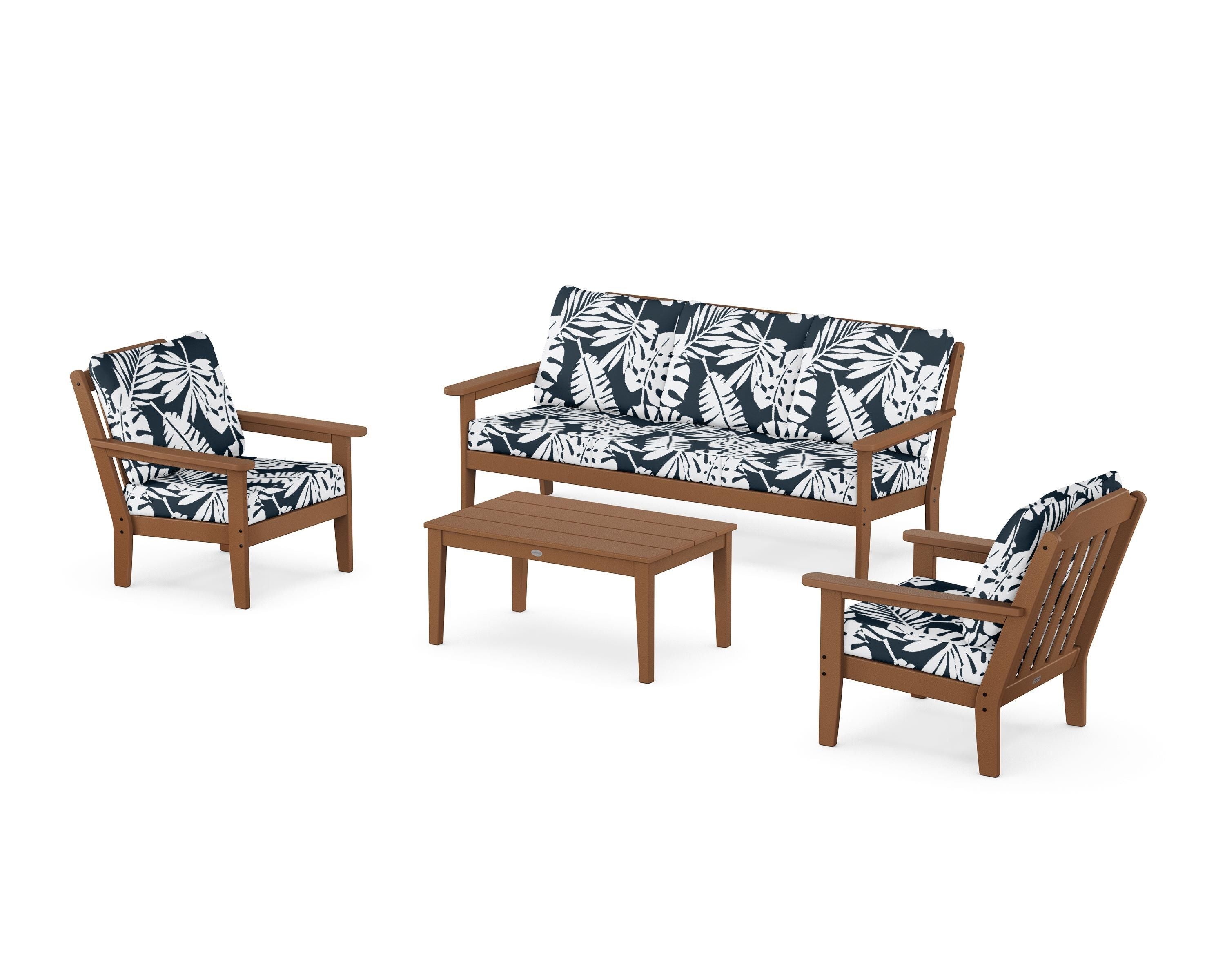 Country Living Cottage 4-Piece Deep Seating Set with Sofa in Teak / Leaf Marine Indigo