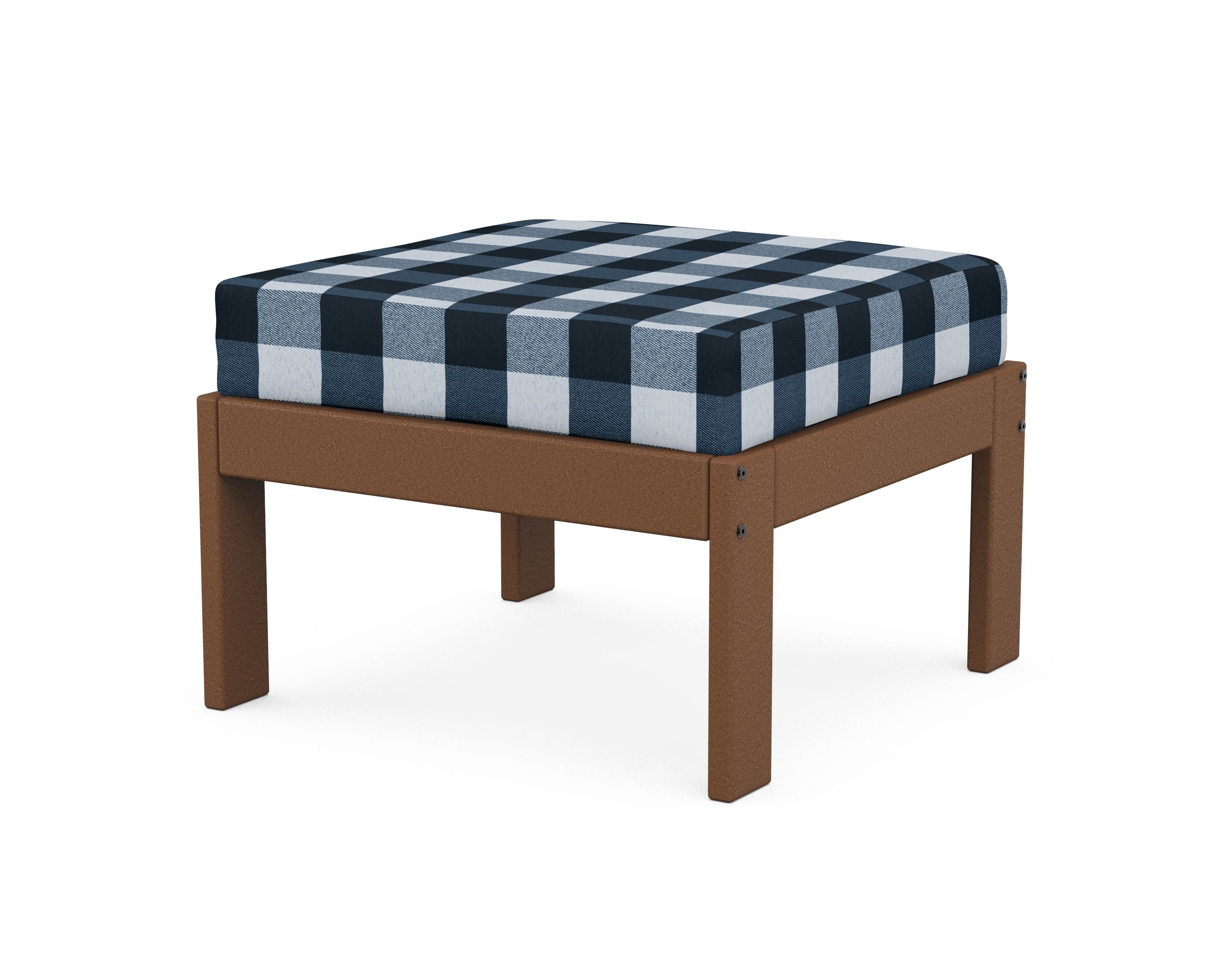 POLYWOOD® Vineyard Modular Ottoman in Teak / Buffalo Plaid Marine Indigo