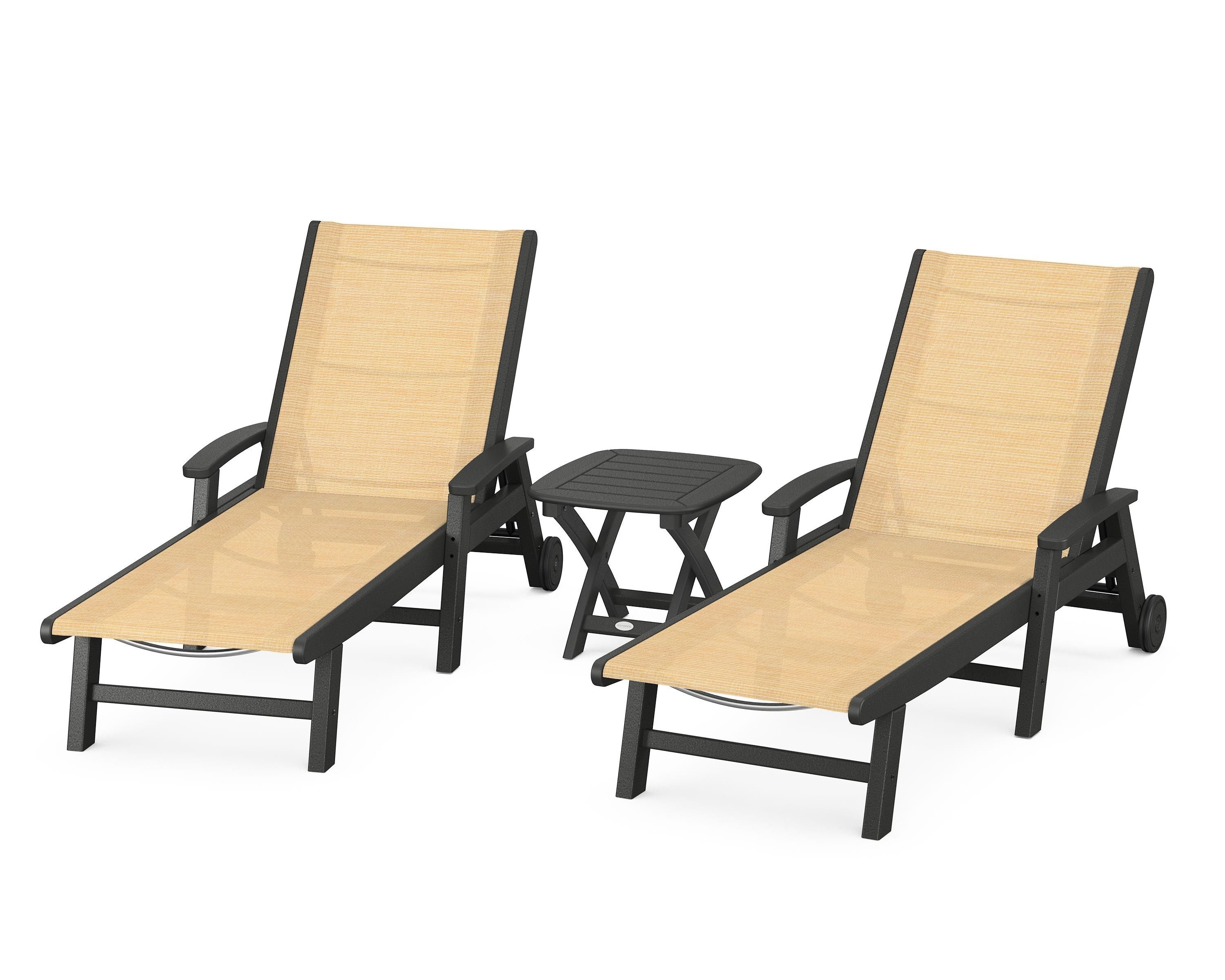 POLYWOOD® Coastal 3-Piece Wheeled Chaise Set in Black / Dupioni Apricot Sling