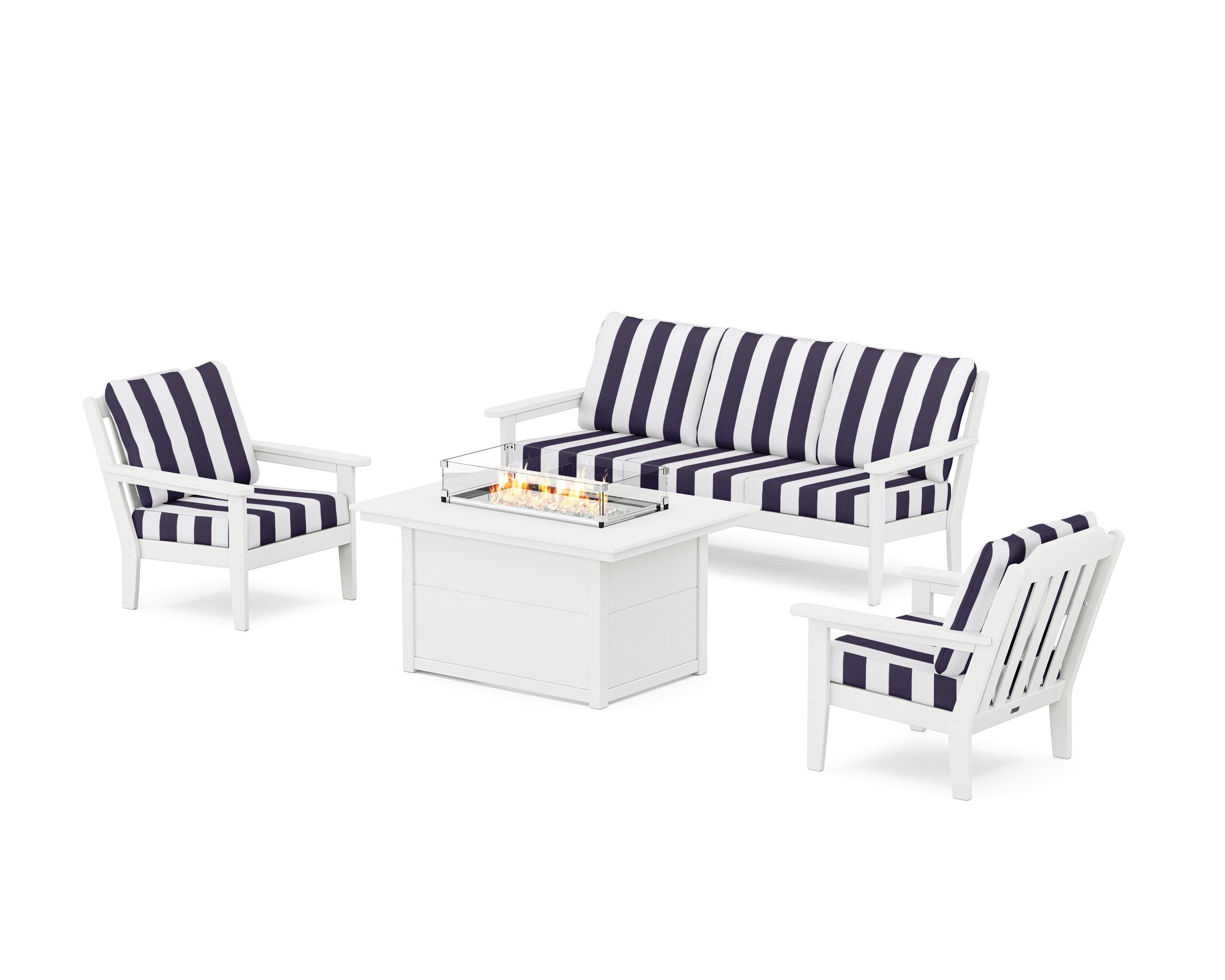 Country Living Cottage Deep Seating Fire Pit Table Set in White / Cabana Stripe Navy