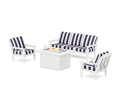 Country Living Cottage Deep Seating Fire Pit Table Set in White / Cabana Stripe Navy