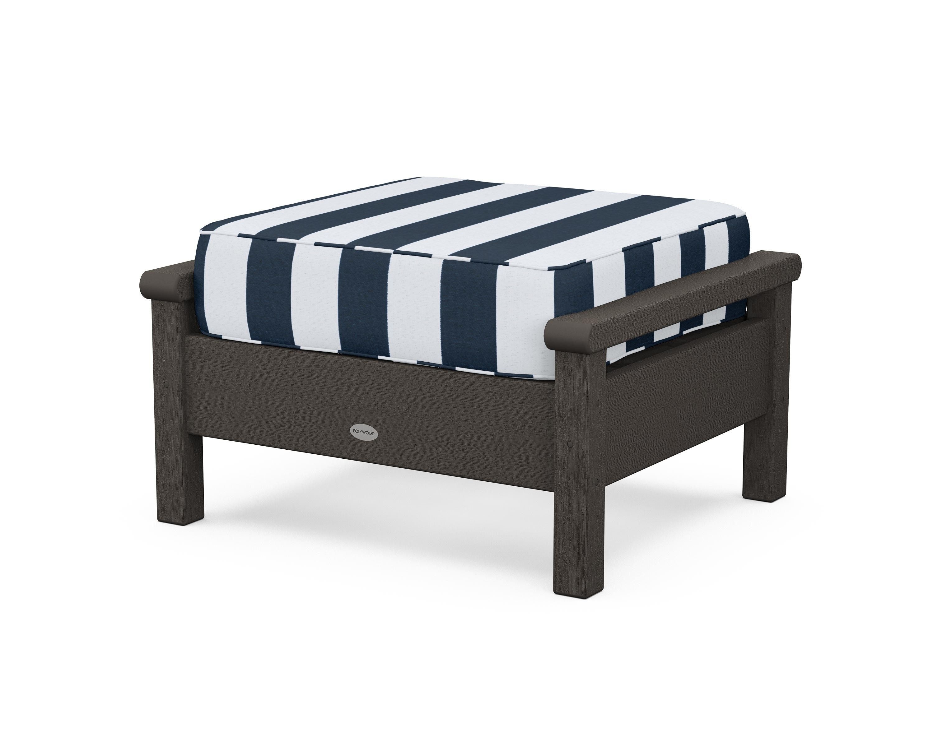 POLYWOOD® Harbour Deep Seating Ottoman in Vintage Coffee / Cabana Stripe Marine Indigo