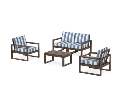 POLYWOOD® EDGE Sectional 4-Piece Deep Seating Set with Loveseat in Mahogany / Cabana Stripe Sky Blue