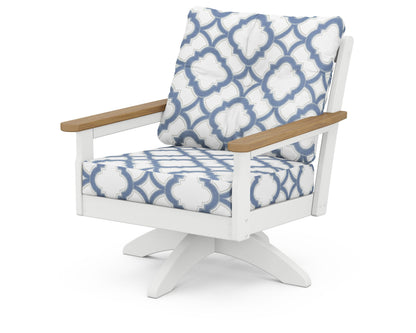 POLYWOOD® Vineyard Deep Seating Swivel Chair in White / Natural / Trellis Sky Blue