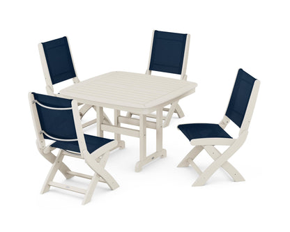 POLYWOOD® Coastal Folding Side Chair 5-Piece Dining Set in Sand / Navy Blue Sling