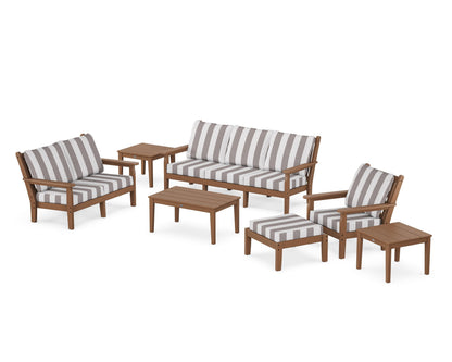 POLYWOOD® Chippendale 7-Piece Deep Seating Set in Teak / Cabana Stripe Grey Mist