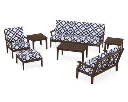 POLYWOOD® Braxton 7-Piece Deep Seating Set in Mahogany / Trellis Navy