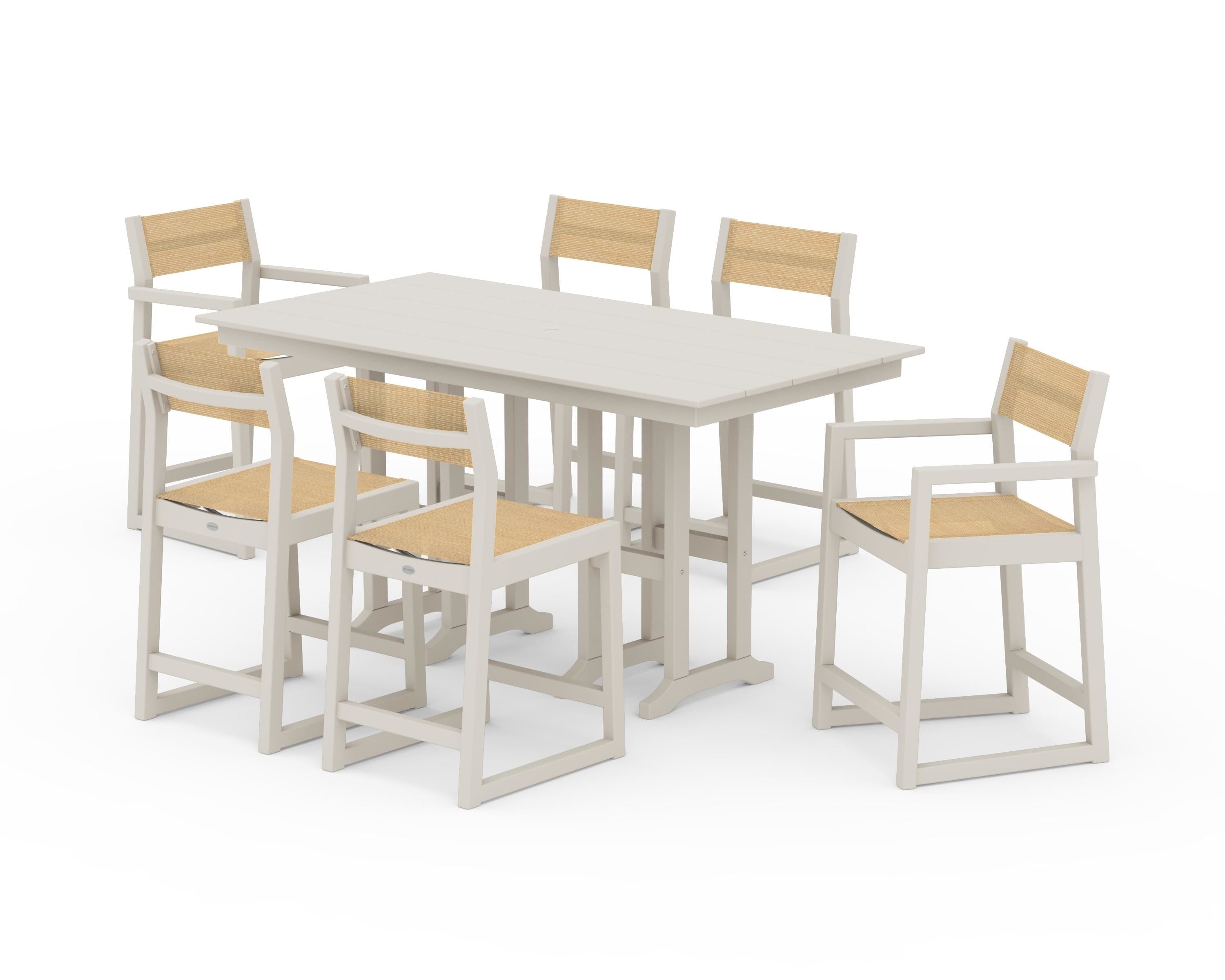 POLYWOOD® EDGE Sling 7-Piece Farmhouse Counter Set in Sand / Dupioni Apricot Sling