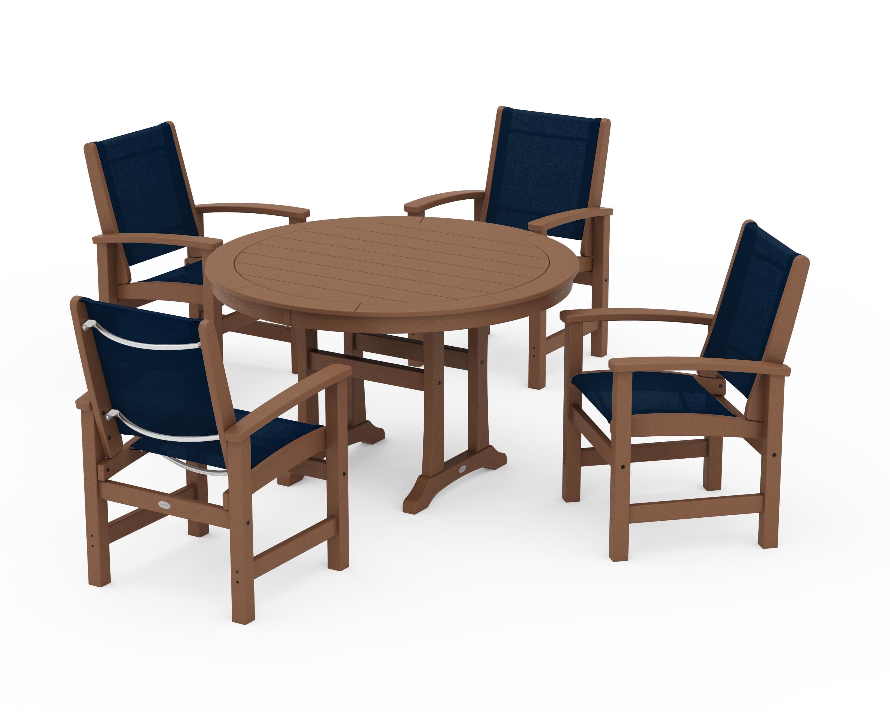 POLYWOOD® Coastal 5-Piece Round Dining Set with Trestle Legs in Teak / Navy Blue Sling