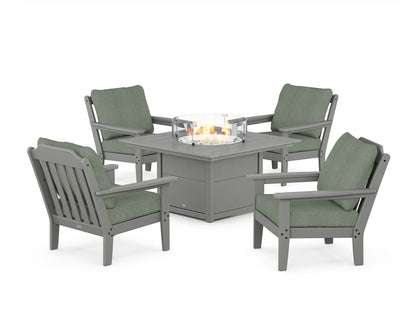 Country Living Cottage 5-Piece Deep Seating Set with Fire Pit Table in Slate Grey / Cast Sage