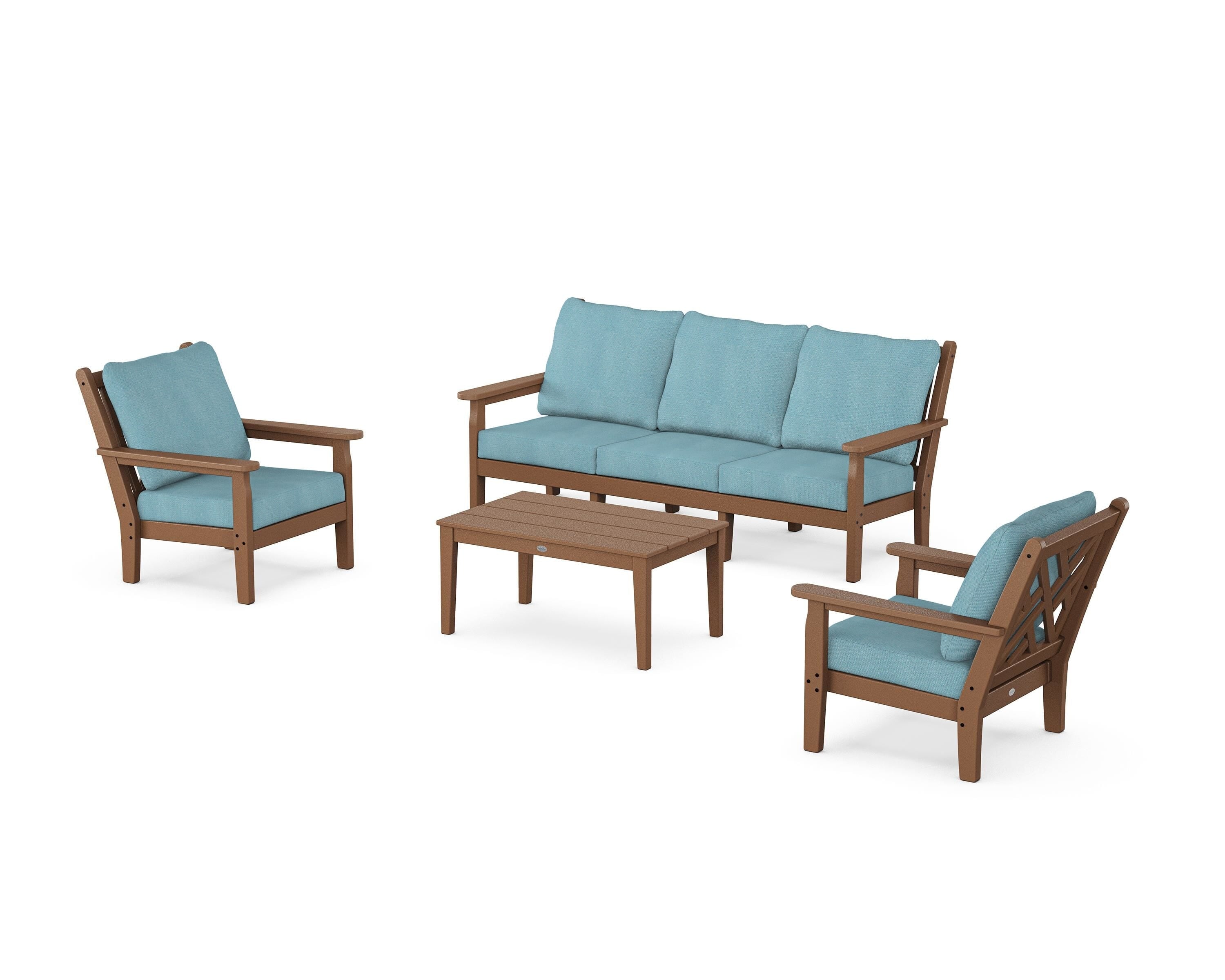 POLYWOOD® Chippendale 4-Piece Deep Seating Set with Sofa in Teak / Lattice Sky Blue