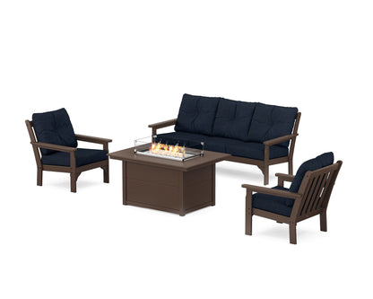 POLYWOOD® Vineyard Deep Seating Fire Pit Table Set in Mahogany / Marine Indigo