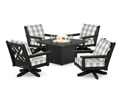 POLYWOOD® Chippendale 5-Piece Deep Seating Swivel Conversation Set with Fire Pit Table in Black / Buffalo Plaid Grey Mist