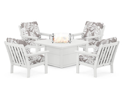 POLYWOOD® Vineyard 5-Piece Conversation Set with Fire Pit Table in White / Leaf Grey Mist
