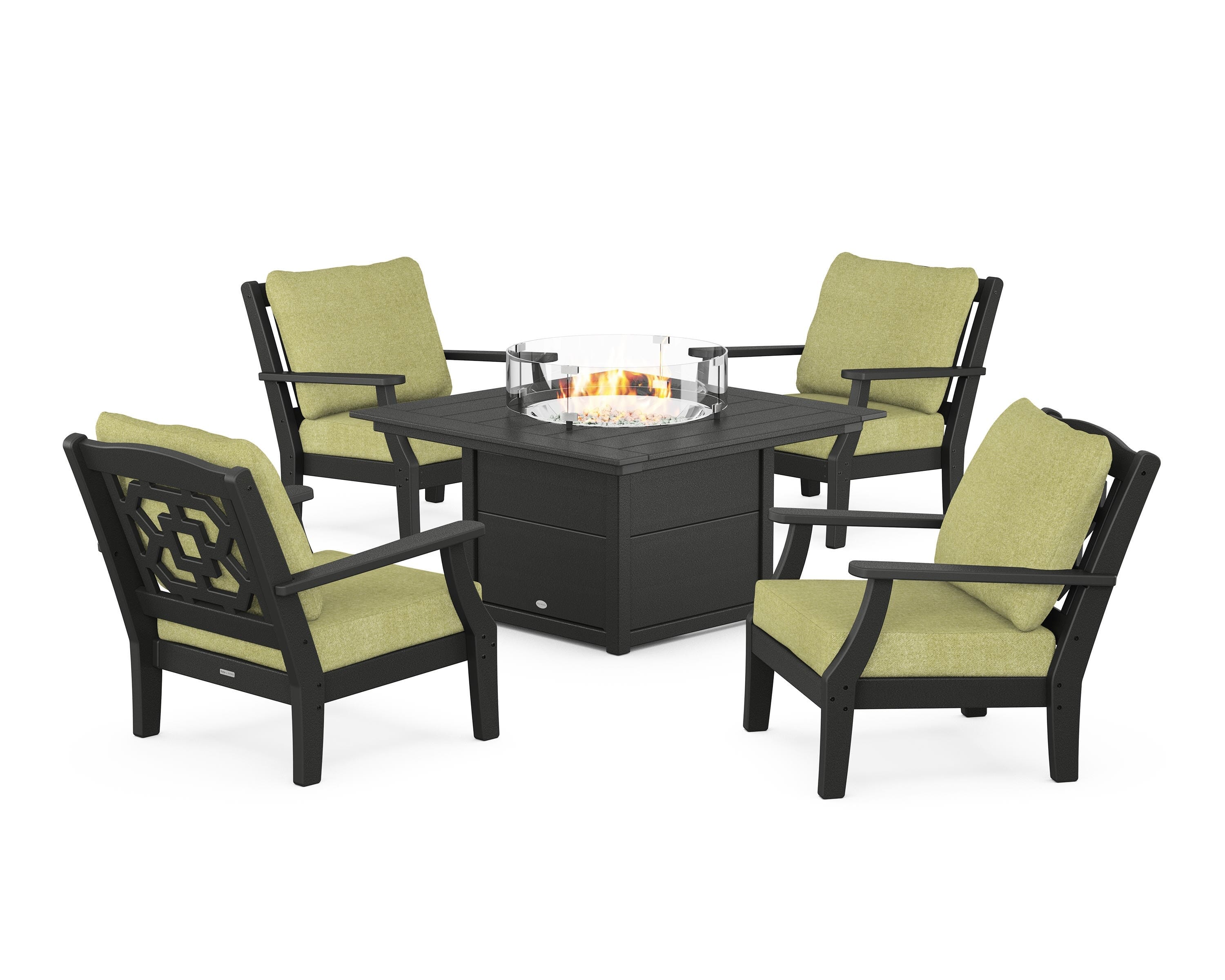 Martha Stewart by POLYWOOD® Chinoiserie 5-Piece Deep Seating Set with Fire Pit Table in Black / Chartreuse Boucle