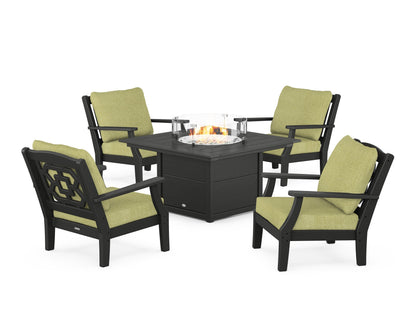 Martha Stewart by POLYWOOD® Chinoiserie 5-Piece Deep Seating Set with Fire Pit Table in Black / Chartreuse Boucle