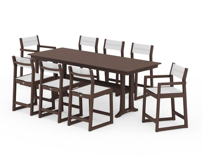 POLYWOOD® EDGE Sling 9-Piece Farmhouse Counter Set with Trestle Legs in Mahogany / White Sling