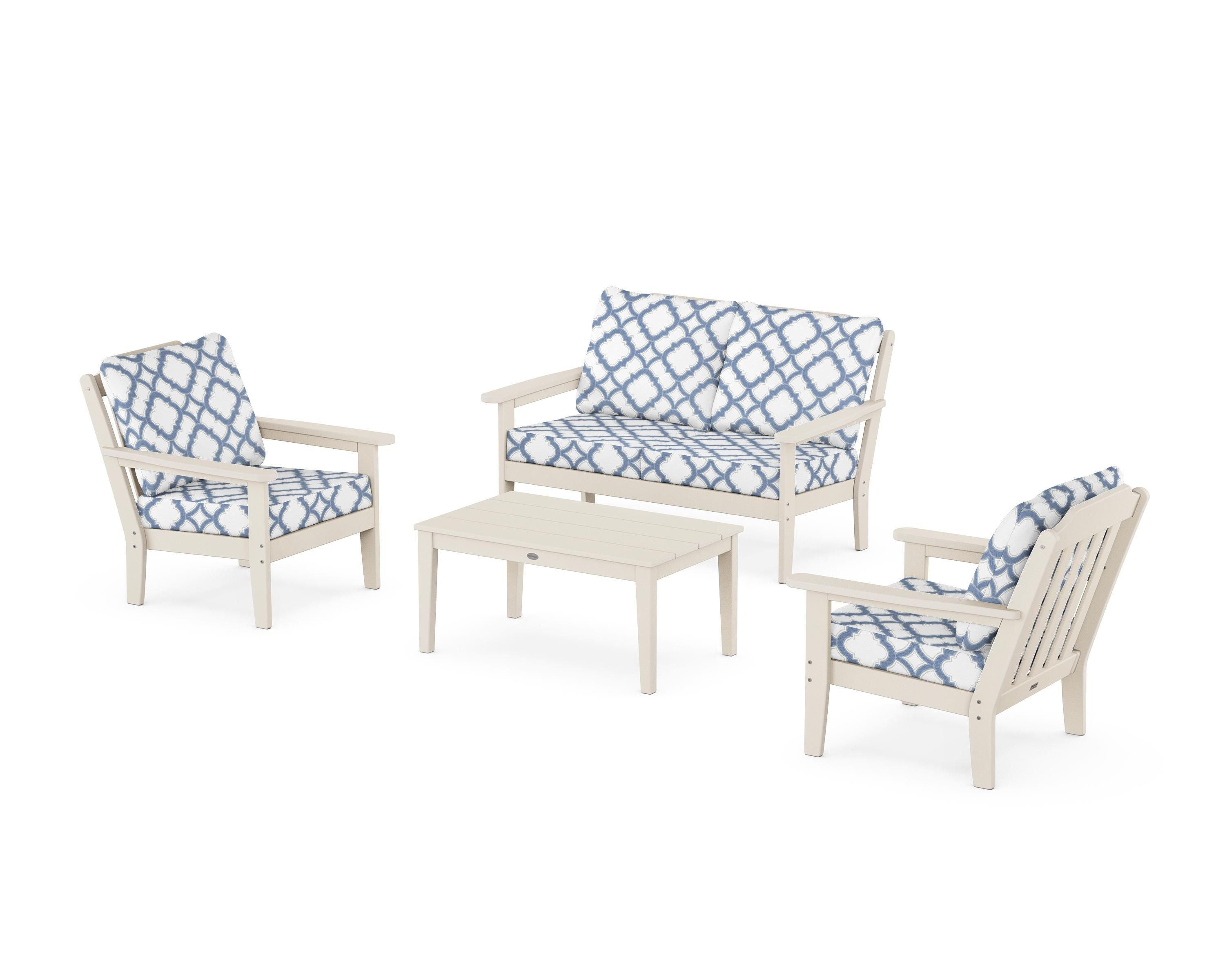 Country Living Cottage 4-Piece Deep Seating Set with Loveseat in Sand / Trellis Sky Blue