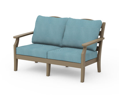 Draper James™ by  POLYWOOD® Savannah Deep Seating Loveseat in Vintage Sahara / Lattice Sky Blue