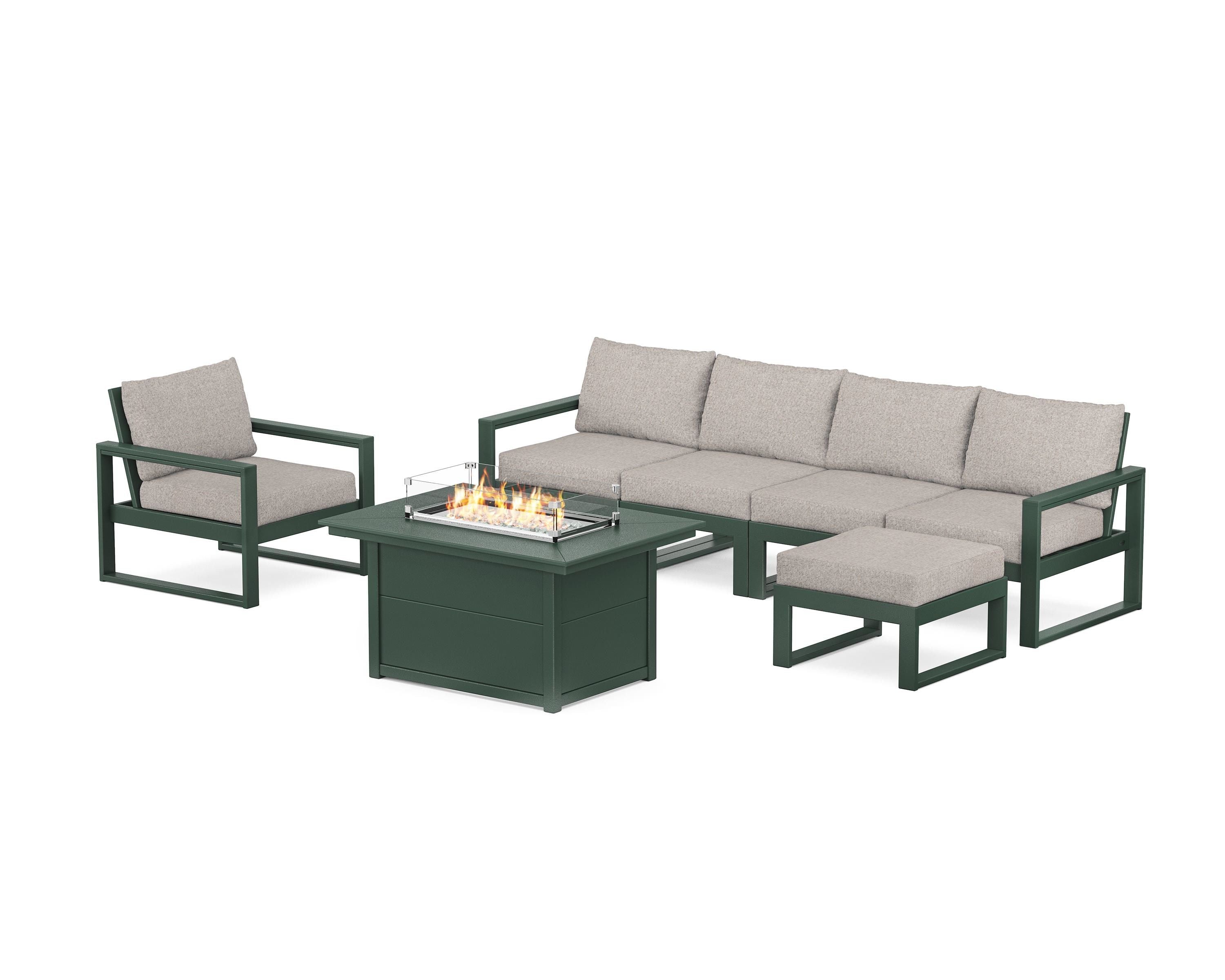 POLYWOOD® EDGE Sectional Lounge and Fire Pit Set in Green / Weathered Tweed