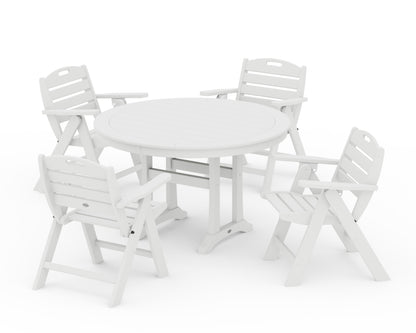 POLYWOOD® Nautical Folding Lowback Chair 5-Piece Round Dining Set With Trestle Legs in White