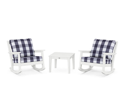 POLYWOOD® Chippendale 3-Piece Deep Seating Rocker Set in White / Buffalo Plaid Navy