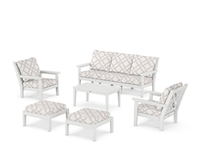 POLYWOOD® Chippendale 6-Piece Lounge Sofa Set in White / Trellis Dune Burlap