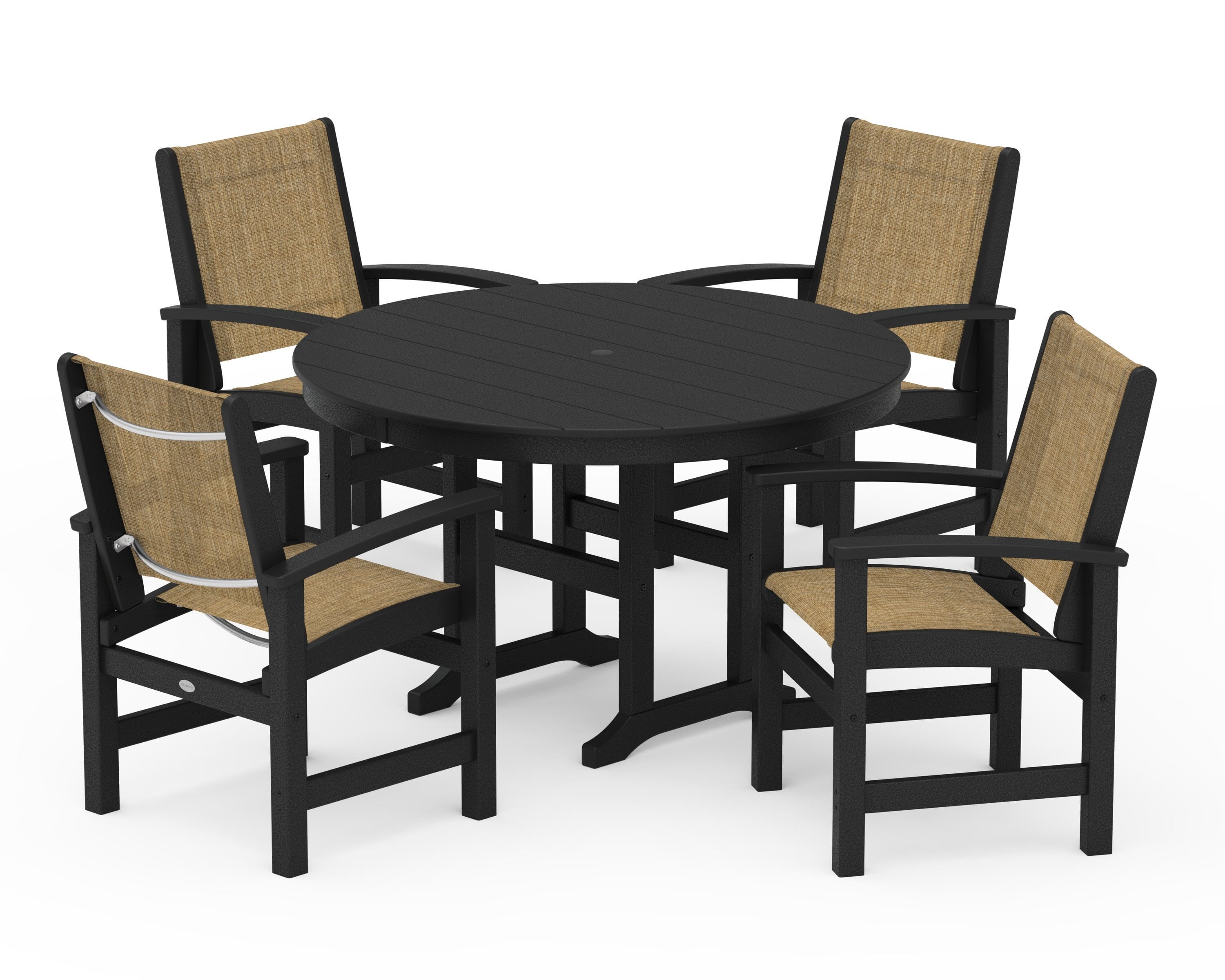 POLYWOOD® Coastal 5-Piece Round Farmhouse Dining Set in Black / Burlap Sling
