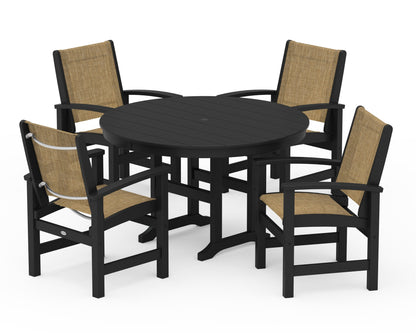 POLYWOOD® Coastal 5-Piece Round Farmhouse Dining Set in Black / Burlap Sling