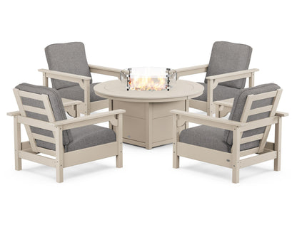 POLYWOOD® Club 5-Piece Conversation Set with Fire Pit Table in Sand / Grey Mist
