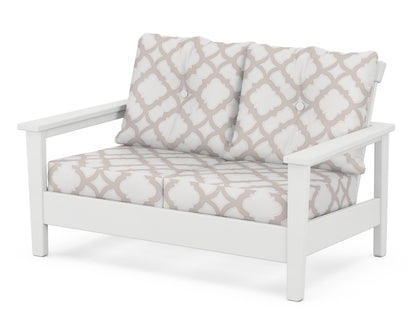 POLYWOOD® Prescott Deep Seating Loveseat in White / Trellis Dune Burlap