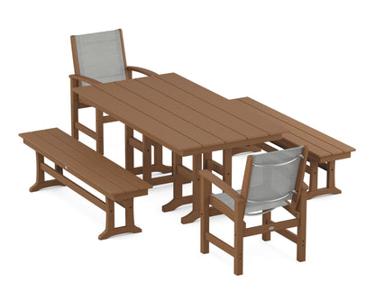 POLYWOOD® Coastal 5-Piece Farmhouse Dining Set in Teak / Metallic Sling