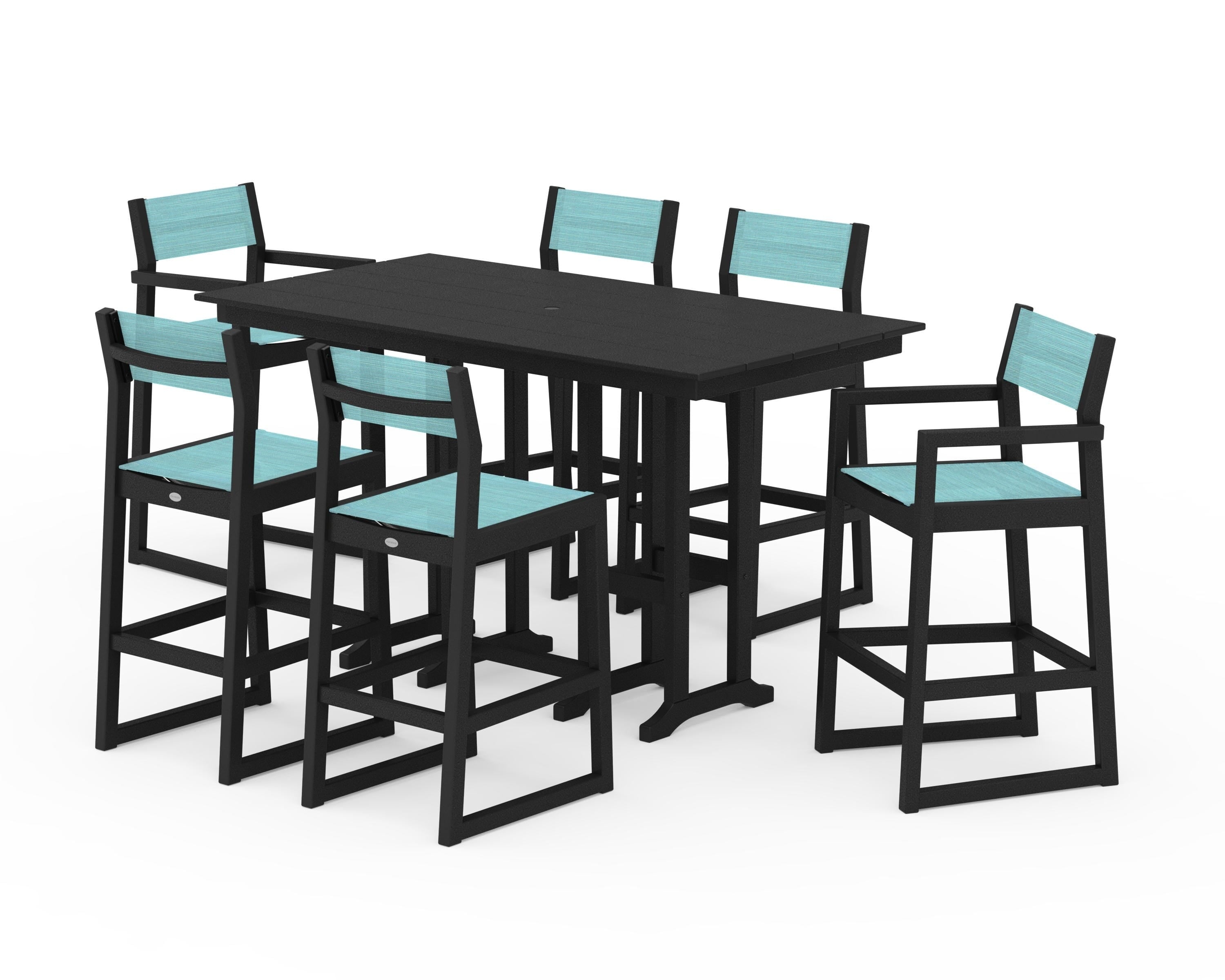 POLYWOOD® EDGE Sling 7-Piece Farmhouse Bar Set in Black / Dupioni Aquamarine Sling