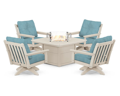 POLYWOOD® Vineyard 5-Piece Deep Seating Swivel Conversation Set with Fire Pit Table in Sand / Lattice Sky Blue