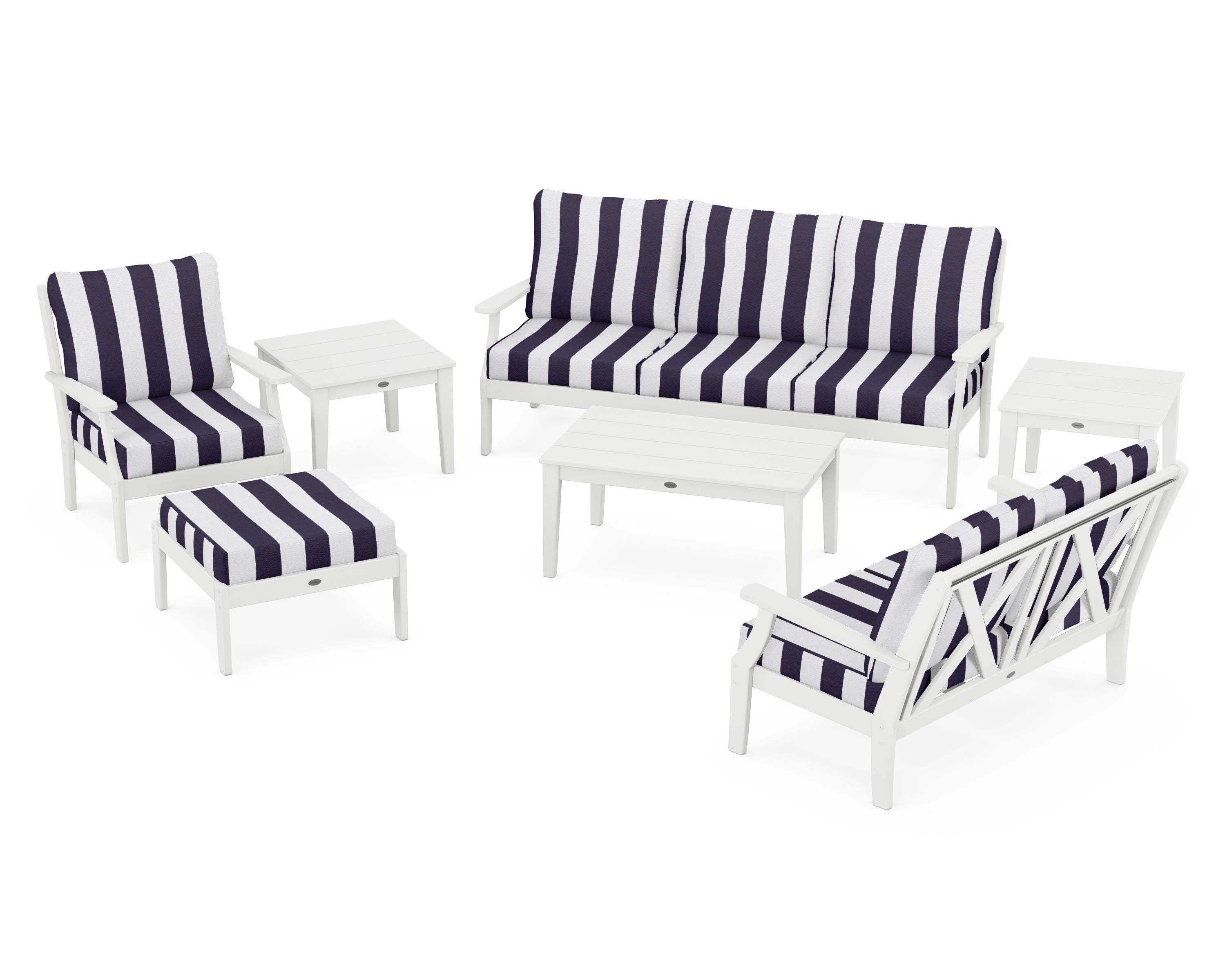 POLYWOOD® Braxton 7-Piece Deep Seating Set in White / Cabana Stripe Navy