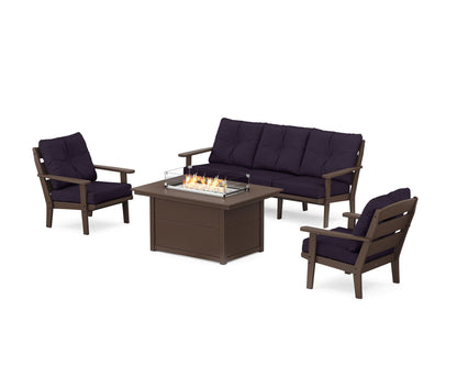 POLYWOOD® Lakeside Deep Seating Fire Pit Table Set in Mahogany / Navy Linen