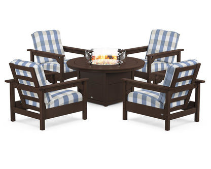 POLYWOOD® Club 5-Piece Conversation Set with Fire Pit Table in Mahogany / Buffalo Plaid Sky Blue