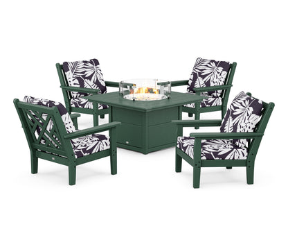 POLYWOOD® Chippendale 5-Piece Deep Seating Set with Fire Pit Table in Green / Leaf Navy
