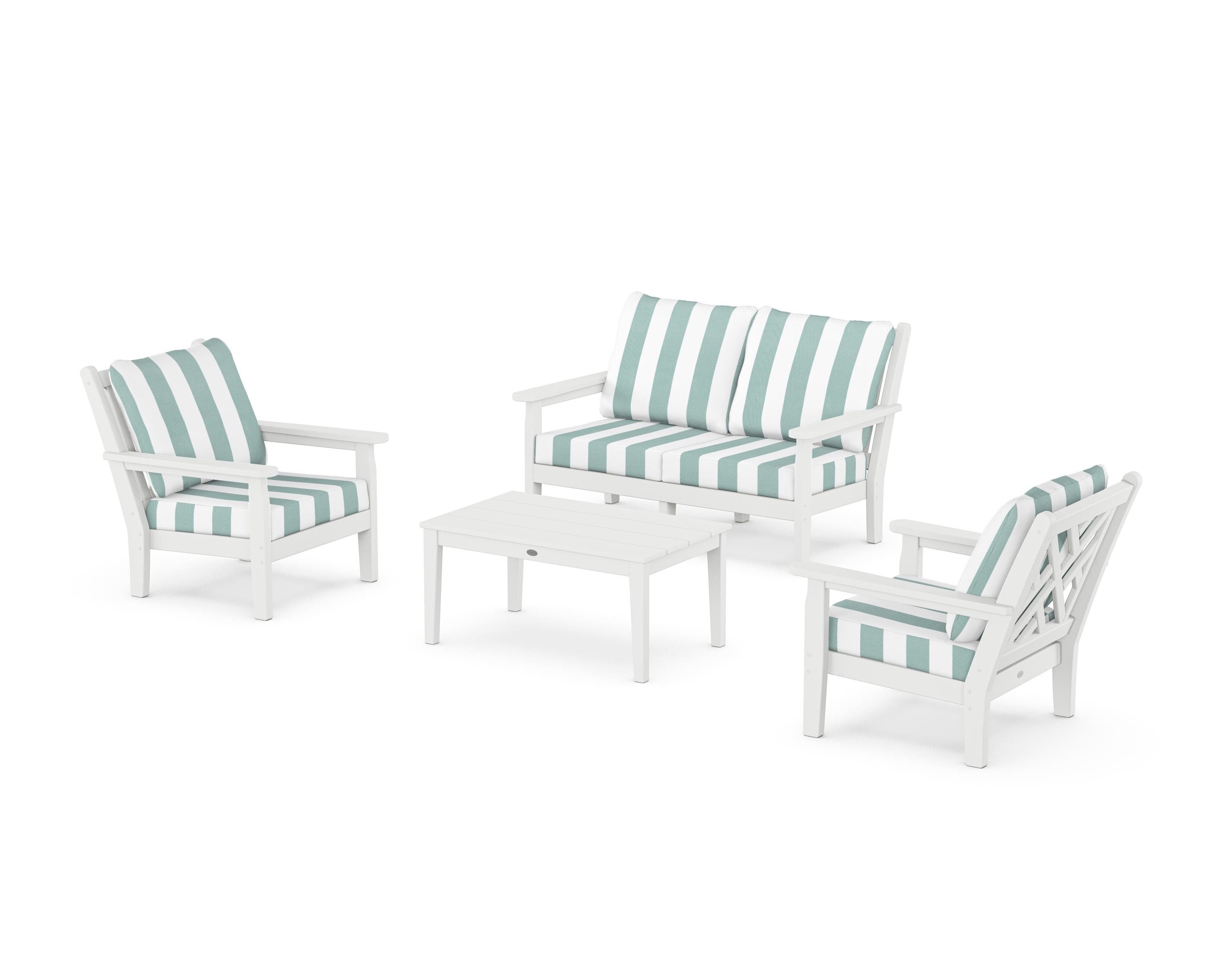 POLYWOOD® Chippendale 4-Piece Deep Seating Set with Loveseat in White / Cabana Stripe Glacier Spa