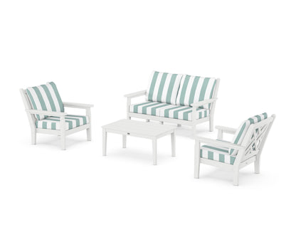 POLYWOOD® Chippendale 4-Piece Deep Seating Set with Loveseat in White / Cabana Stripe Glacier Spa