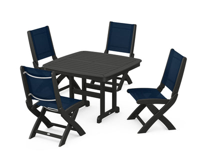 POLYWOOD® Coastal Folding Side Chair 5-Piece Dining Set in Black / Navy Blue Sling