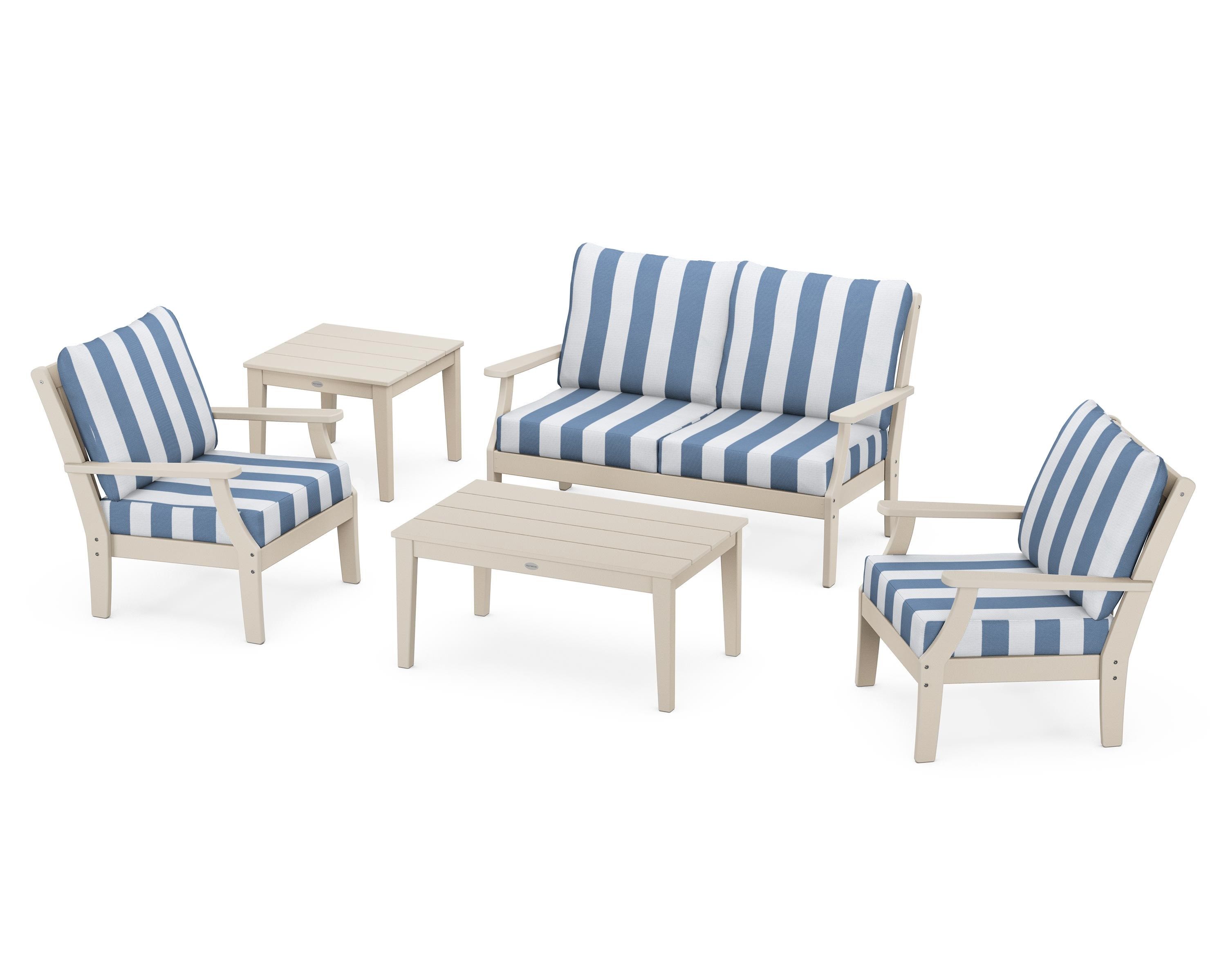 POLYWOOD® Braxton 5-Piece Deep Seating Set in Sand / Cabana Stripe Sky Blue