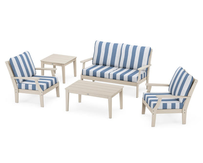 POLYWOOD® Braxton 5-Piece Deep Seating Set in Sand / Cabana Stripe Sky Blue