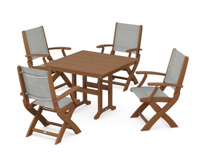 POLYWOOD® Coastal Folding Chair 5-Piece Farmhouse Dining Set in Teak / Metallic Sling