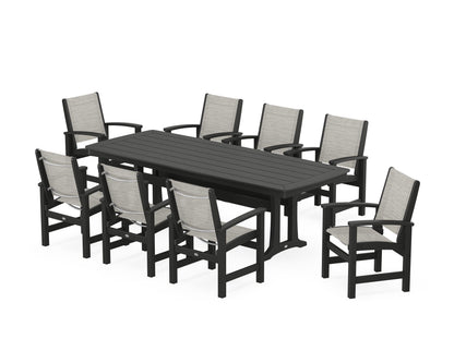POLYWOOD® Coastal 9-Piece Dining Set with Trestle Legs in Black / Birch Sling