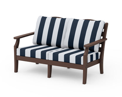 Draper James™ by  POLYWOOD® Savannah Deep Seating Loveseat in Mahogany / Cabana Stripe Marine Indigo