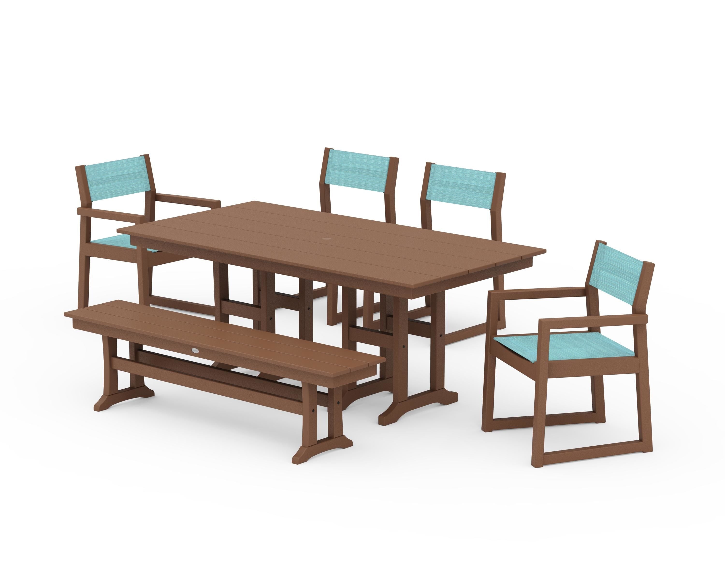 POLYWOOD® EDGE Sling 6-Piece Farmhouse Dining Set in Teak / Dupioni Aquamarine Sling
