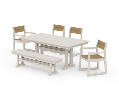POLYWOOD® EDGE Sling 6-Piece Farmhouse Dining Set With Trestle Legs in Sand / Burlap Sling