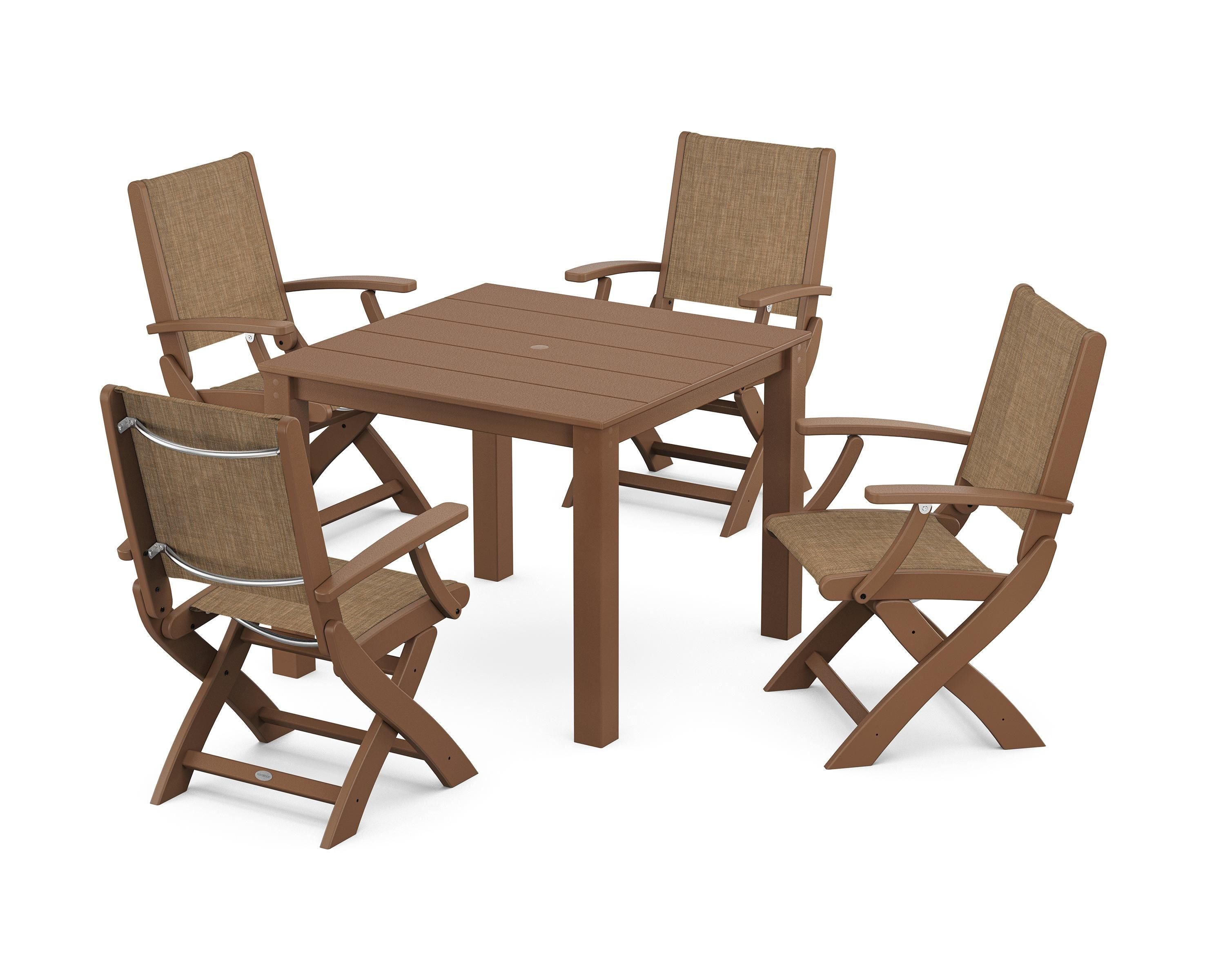 POLYWOOD® Coastal Folding Chair 5-Piece Parsons Dining Set in Teak / Burlap Sling