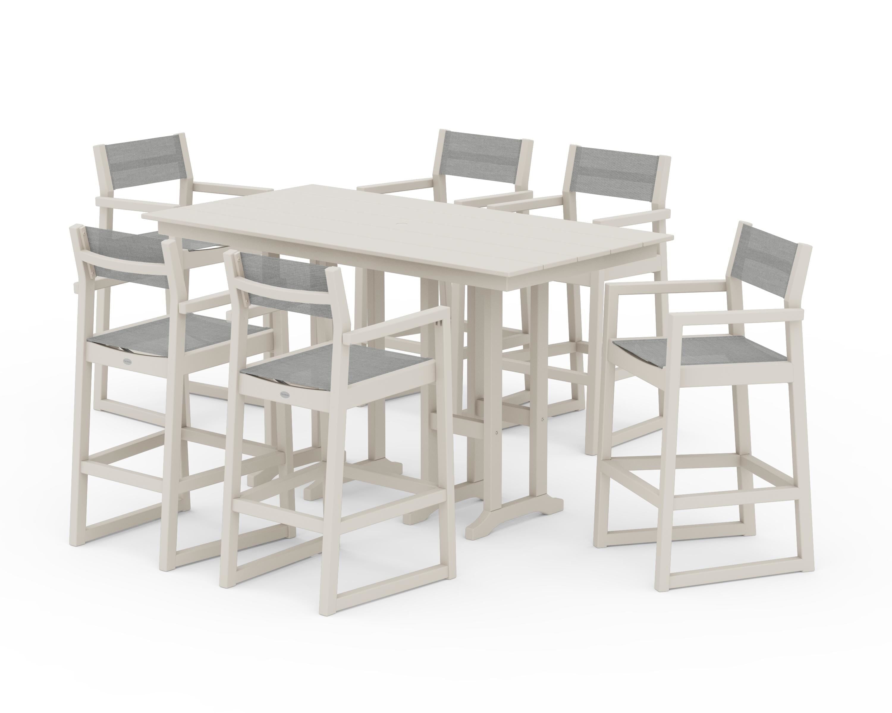 POLYWOOD® EDGE Sling Arm Chair 7-Piece Farmhouse Bar Set in Sand / Metallic Sling